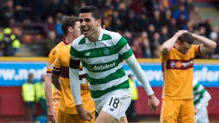 Tom Rogic scores the winner in stoppage time for Celtic in a 4-3 win at Fir Park over Motherwell. 