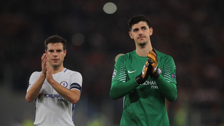 ROME, ITALY - OCTOBER 31:  Cesar Azpilicueta and Thibaut Courtois of Chelsea FC greet the fans after the UEFA Champions League group C match between AS Rom