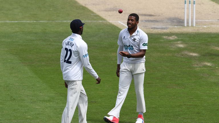 HOVE, ENGLAND - JUNE 05:  Sussex pace bowlers Jofra Archer and Chris Jordan have a chat during the fourth day of the Specsavers County Championship Divisio