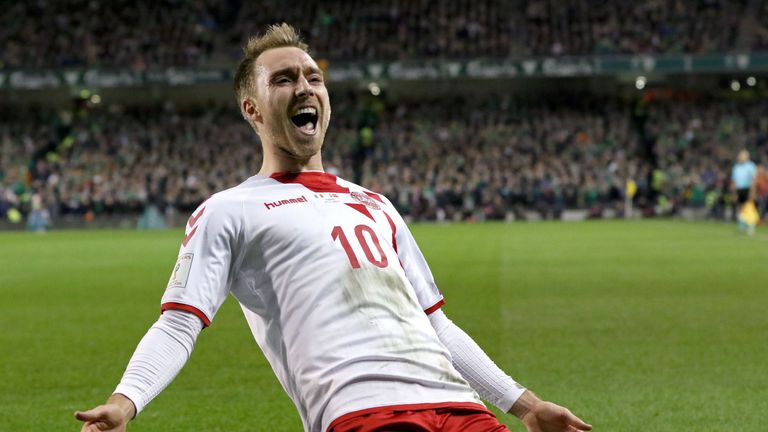 Denmark's midfielder Christian Eriksen celebrates after scoring a goal 