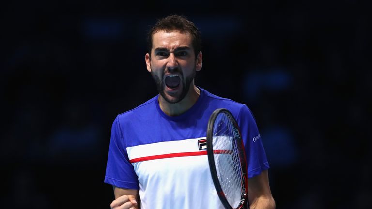 LONDON, ENGLAND - NOVEMBER 14:  Marin Cilic of Croatia celebrates during the singles match against Jack Sock of The United States on day three of the Nitto