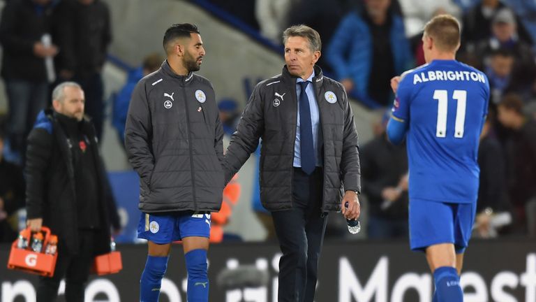 LEICESTER, ENGLAND - OCTOBER 29:  Riyad Mahrez of Leicester City and Claude Puel, Manager of Leicester City in discussion after the Premier League match be