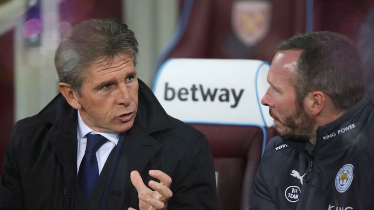 Claude Puel, Manager of Leicester City (L) and Michael Appleton assistant Manager of Leicester City in discussion prior to 