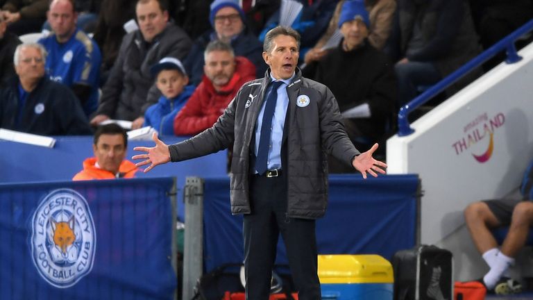 LEICESTER, ENGLAND - OCTOBER 29:  Claude Puel, Manager of Leicester City reacts during the Premier League match between Leicester City and Everton at The K
