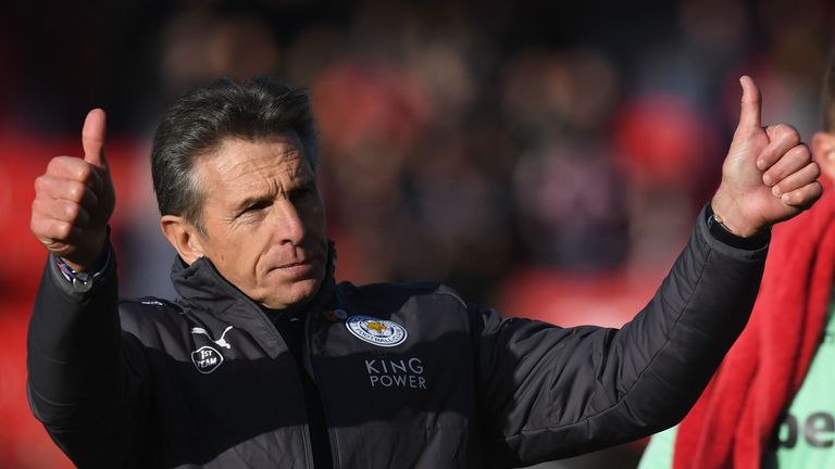 STOKE ON TRENT, ENGLAND - NOVEMBER 04:  Claude Puel, Manager of Leicester City shows appreciation to the fans after the Premier League match between Stoke 