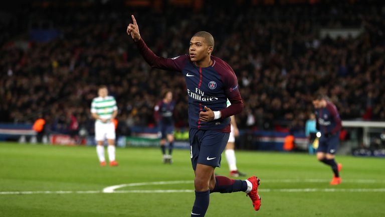PARIS, FRANCE - NOVEMBER 22:  Kylian Mbappe of PSG celebrates after scoring his sides fourth goal during the UEFA Champions League group B match between Pa