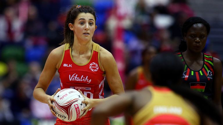 LONDON, ENGLAND - NOVEMBER 26: England's Beth Cobden in action during the Vitality Netball International Series match between England and Malawi at Copper 