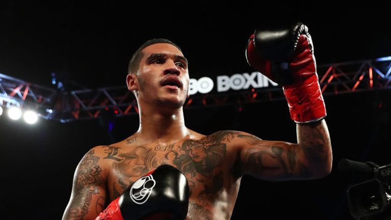 Conor Benn celebrates his second round knockout against  Brandon Sanudo