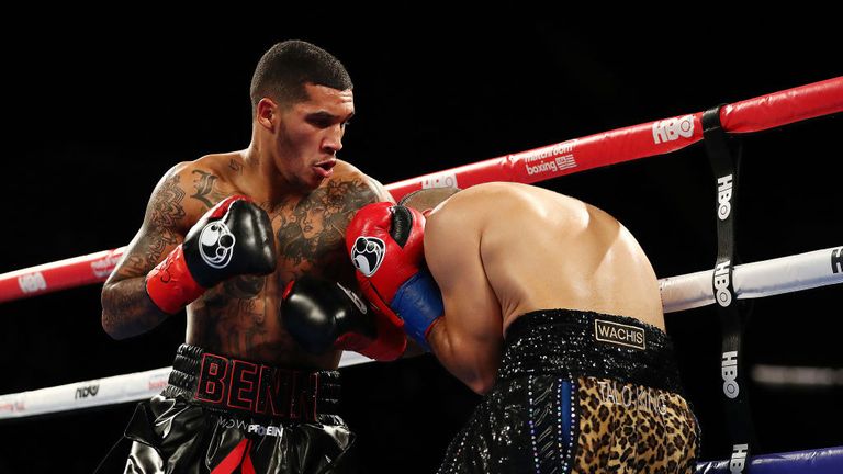 Conor Benn punches Brandon Sanudo during their Junior middleweight bout at Nassau Veterans Memorial Coliseum on November 11.