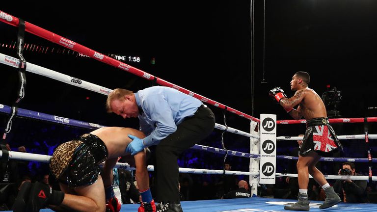  Conor Benn celebrates his second round knockout against  Brandon Sanudo during their Junior middleweight bout in New York