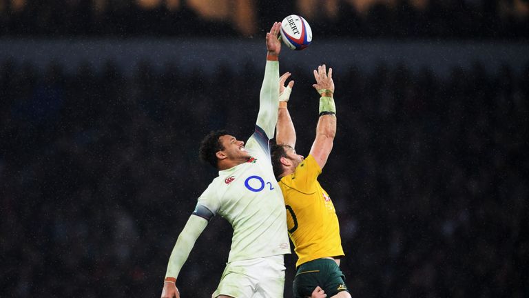 LONDON, ENGLAND - NOVEMBER 18 2017:  Courtney Lawes of England and Ben McCalman of Australia battle for a lineout during the Old Mutual Wealth Series