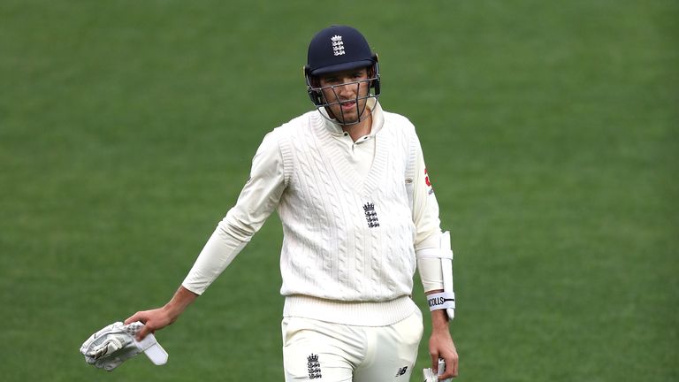 Craig Overton of England looks dejected after being dismissed by Simon Milenko of CA XI