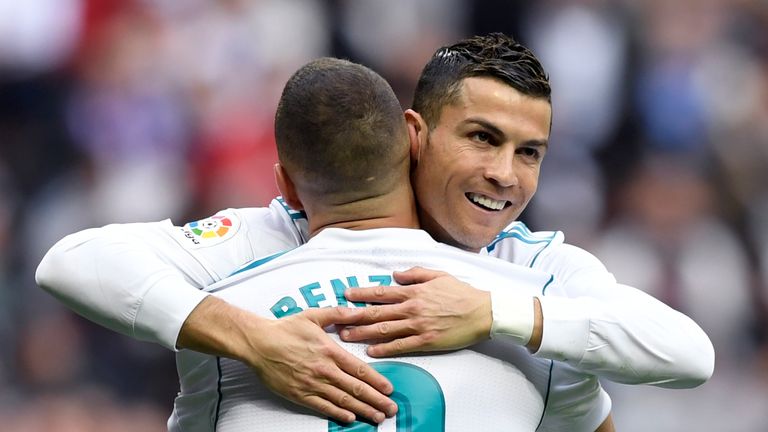 Real Madrid's French forward Karim Benzema (L) celebrates with Real Madrid's Portuguese forward Cristiano Ronaldo  after scoring during the Spanish league 