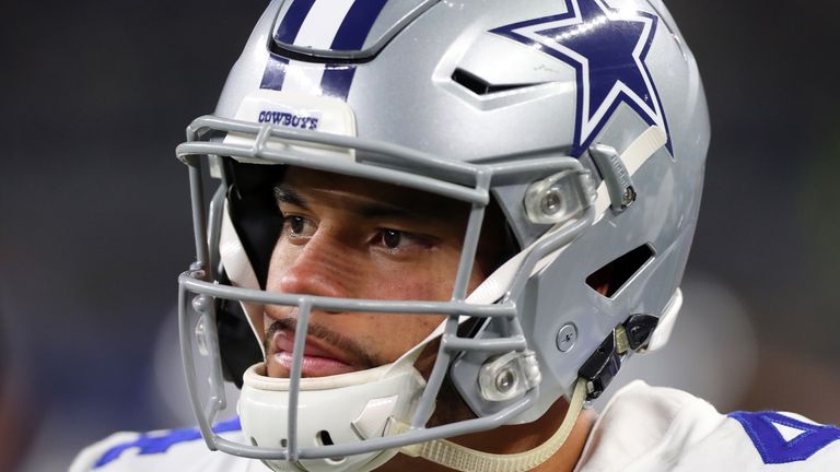 ARLINGTON, TX - NOVEMBER 19:  Dak Prescott #4 of the Dallas Cowboys looks on from the side lines in the final minutes as the Dallas Cowboys lose to the Phi
