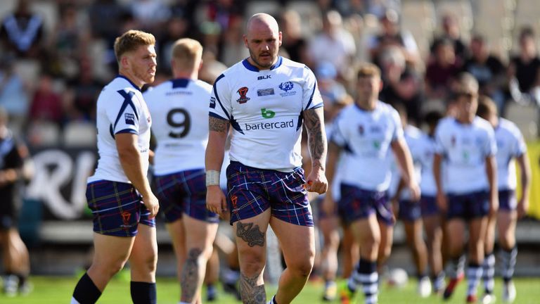 CHRISTCHURCH, NEW ZEALAND - NOVEMBER 04:  Dale Ferguson look dejected after conceding a try during the 2017 Rugby League World - NZ v Scotland