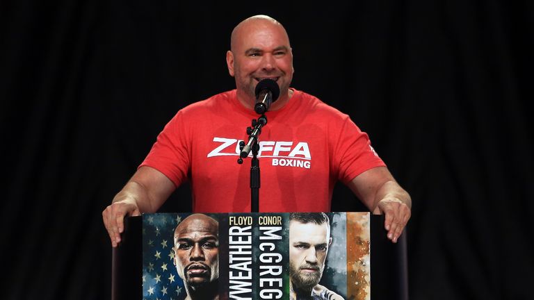TORONTO, ON - JULY 12:  UFC President Dana White speaks during the Floyd Mayweather Jr. v Conor McGregor World Press Tour at Budweiser Stage on July 12, 20