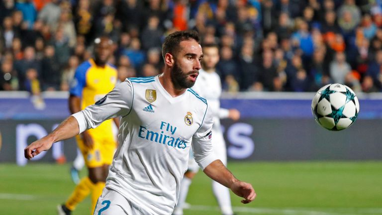 Real Madrid's Spanish defender Dani Carvajal advances with the ball during the UEFA Champions League Group H match between Apoel FC and Real Madrid on Nove