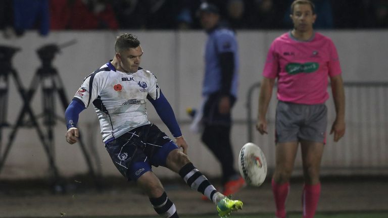 Scotland's Danny Brough kicks a conversion to tie the scores against New Zealand, during the 4 Nations match at the Zebra Claims Stadium, Workington.