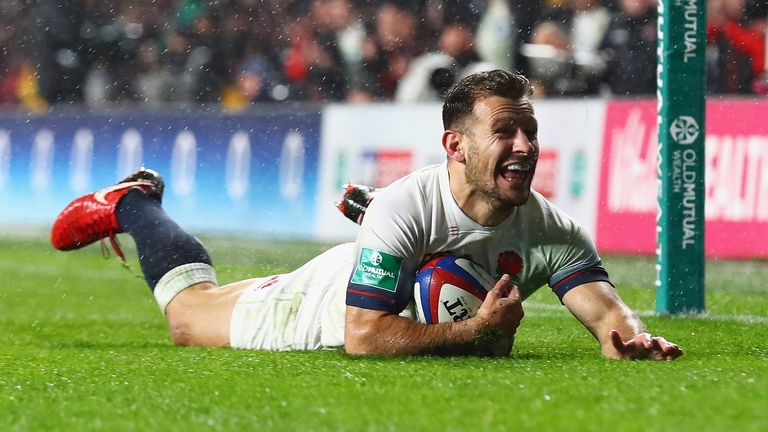 LONDON, ENGLAND - NOVEMBER 18 2017:  Danny Care of England scores his teams fourth try during the Old Mutual Wealth Series match against Australia