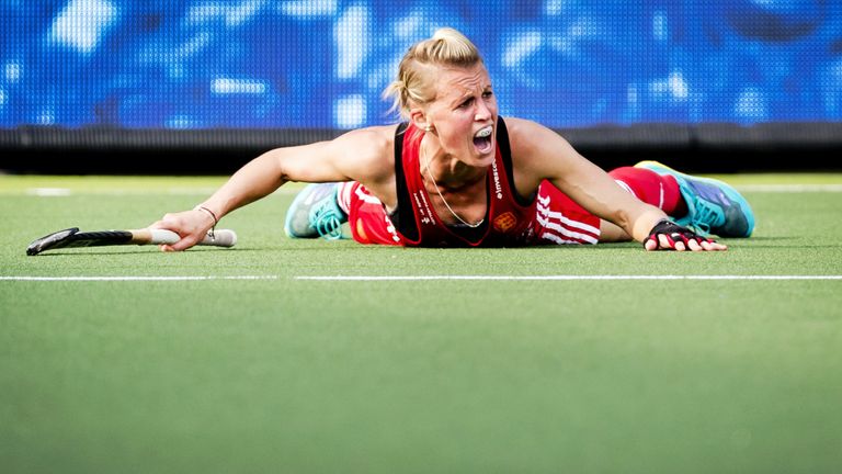 England's Alex Danson reacts during the bronze medal match against Germany at the Women's Rabo EuroHockey Championships match in Amstelveen on August 26, 2