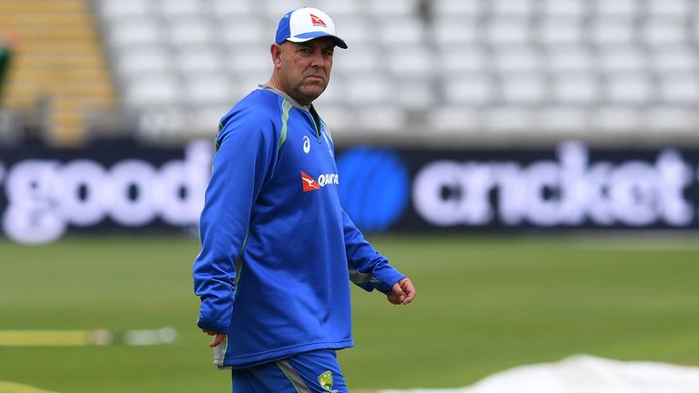 Australia's head coach Darren Lehmann takes part in a training session at Edgbaston cricket ground in Birmingham on May 31, 2017, ahead of their forthcomin