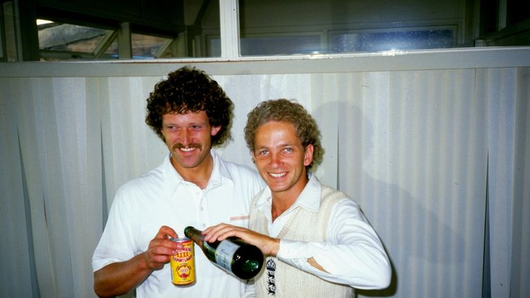 Aug 1985:  David Gower and Richard Ellison of England celebrate after their victory in the Fifth Test against Australia at Edgbaston in Birmingham, England