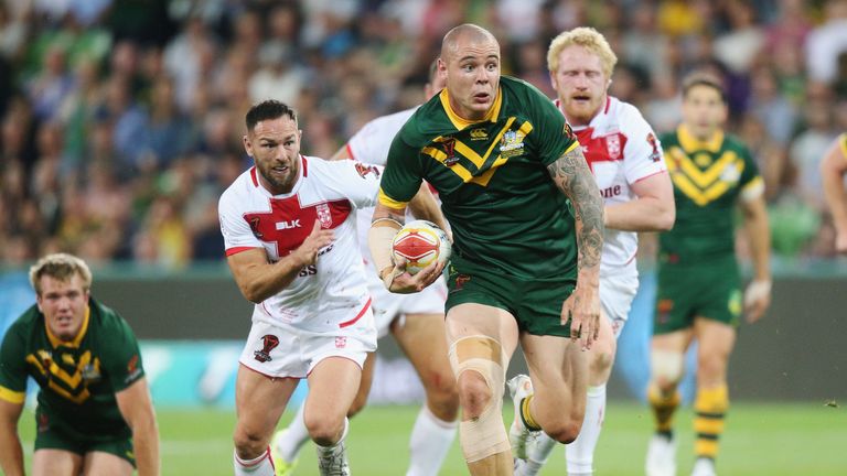 David Klemmer of Australia runs with the ball against England during 2017 Rugby League World Cup
