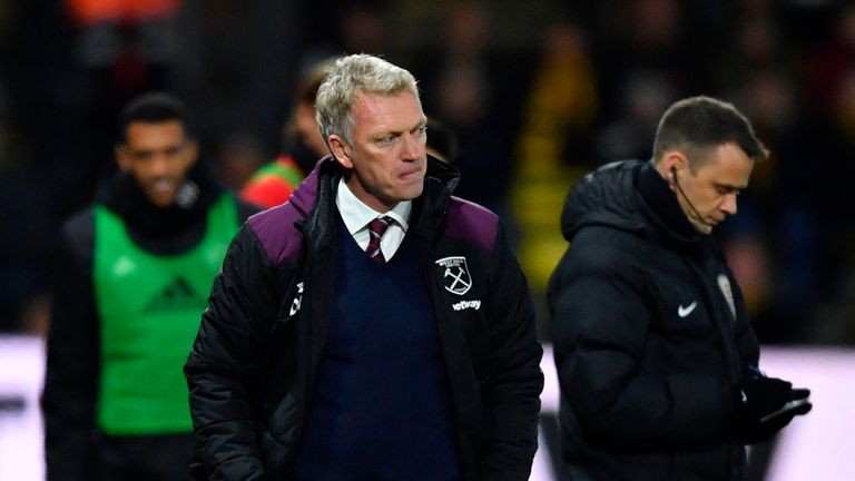 West Ham United's Scottish manager David Moyes (C) watches the action from the touchline during the English Premier League football match between Watford a