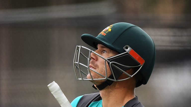 David Warner of Australia looks on during an Australian nets session at Adelaide Oval on November 30, 2017