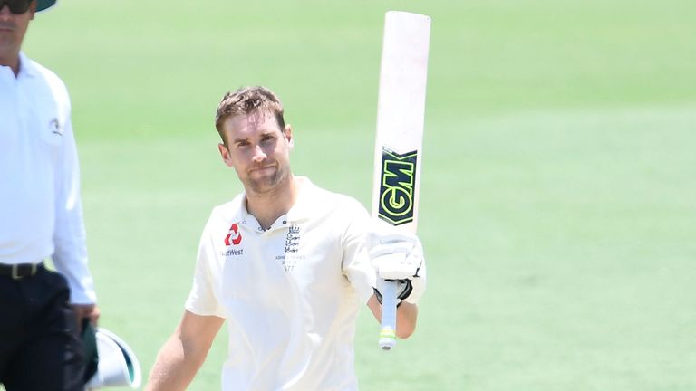 Dawid Malan of England celebrates as he brings up his century on day 3 of the four day tour match vs Cricket Australia XI