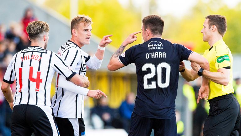 07/10/17 IRN-BRU CUP .  FALKIRK V DUNFERMLINE (2-0) .  FALKIRK STADIUM - FALKIRK .  Dunfermline's Dean Shiels (R) in action against Kevin O'Hara.