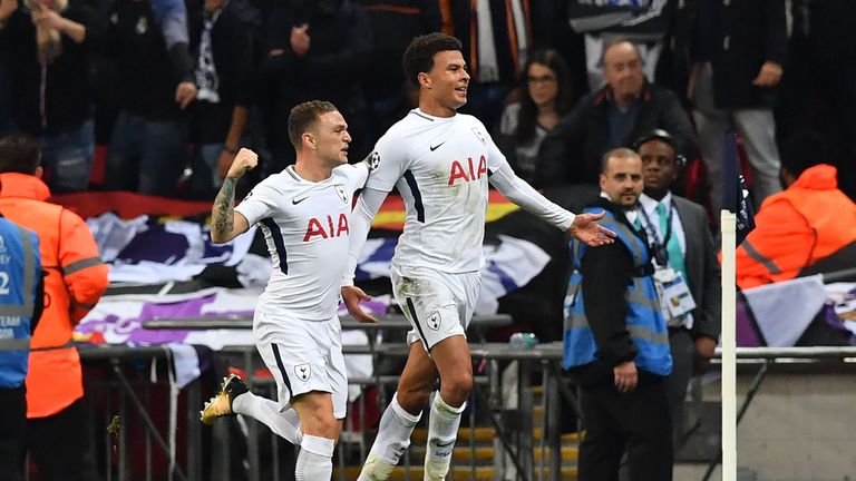 Tottenham Hotspur's Dele Alli (R) celebrates with Kieran Trippier after scoring the opening goal v Real Madrid at Wembley in the Champions League