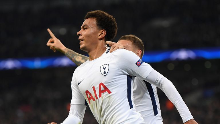 LONDON, ENGLAND - NOVEMBER 01:  Dele Alli of Tottenham Hotspur celebrates scoring his side's first goal during the UEFA Champions League group H match betw