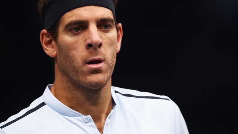 PARIS, FRANCE - NOVEMBER 03:  Juan Martin del Potro of Argentina looks on against John Isner of the USA during Day 5 of the Rolex Paris Masters held at the