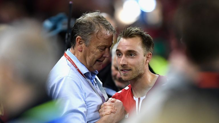 DUBLIN, IRELAND - NOVEMBER 14: Aage Hareide, Manager of Denmark and Christian Eriksen of Denmark celebrate victory after the FIFA 2018 World Cup Qualifier 