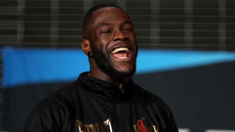 NEW YORK, NY - NOVEMBER 03:  Deontay Wilder reacts during the official weigh in for the WBC heavyweight championship fight against Bermane Stivern