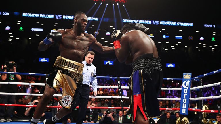 NEW YORK, NY - NOVEMBER 04:  Deontay Wilder punches Bermane Stiverne during their rematch for Wilder's WBC heavyweight title at the Barclays Center on Nove