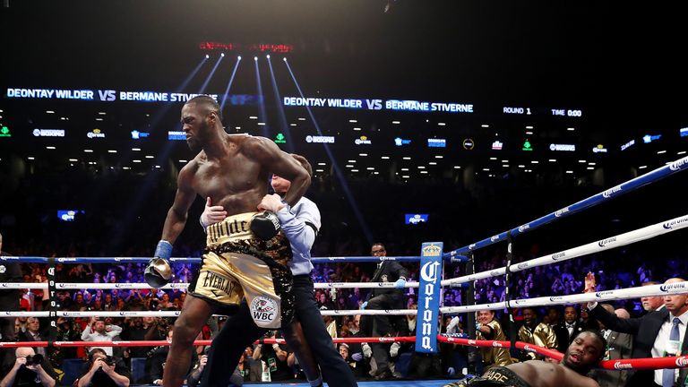 NEW YORK, NY - NOVEMBER 04:  Deontay Wilder knocks out Bermane Stiverne in the first round during their rematch for Wilder's WBC heavyweight title at the B