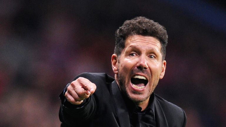 Diego Simeone gives his team instructions during the UEFA Champions League group C match between Atletico Madrid and Qarabag FK