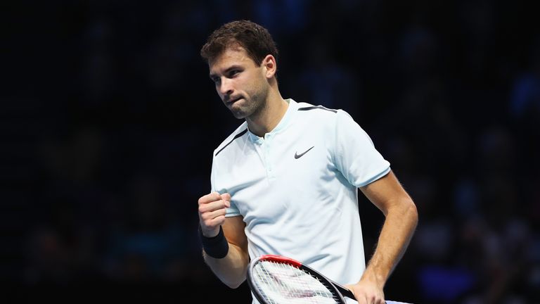 LONDON, ENGLAND - NOVEMBER 13:  Grigor Dimitrov of Bulgaria celebrates a point in his Singles match against Dominic Thiem of Austria during day two of the 