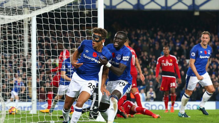 Dominic Calvert-Lewin of Everton celebrates scoring against Watford