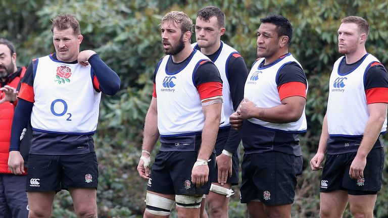 Dylan Hartley, Chris Robshaw, Zach Mercer, Mako Vunipola and Sam Simmonds look on during the England training session
