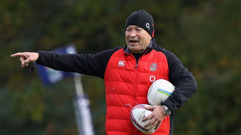 Eddie Jones, the England head coach shouts instructions during the England training session held at Pennyhill Park on November 9