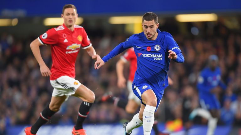 Eden Hazard bursts forward during the Premier League match between Chelsea and Manchester United at Stamford Bridge