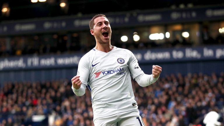 Chelsea's Eden Hazard celebrates Chelsea's first goal scored by Alvaro Morata (not pictured)