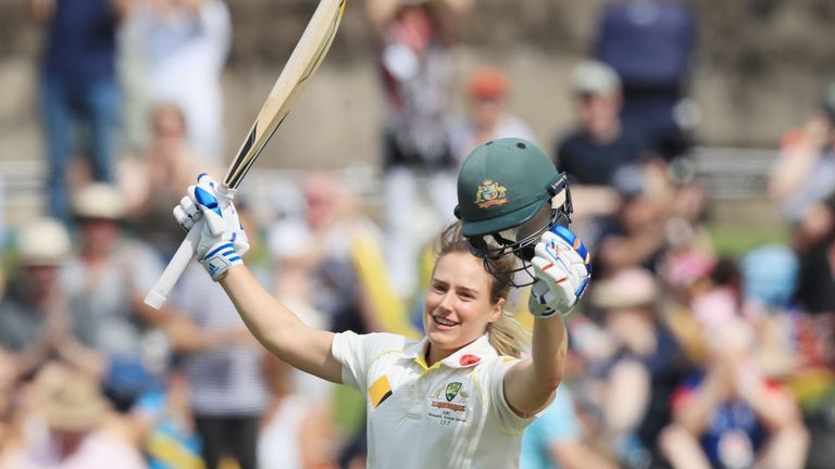 Ellyse Perry of Australia celebrates her century during day three of the Women's Test match between Australia and England