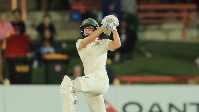 Ellyse Perry of Australia hits a six during day three of the Women's Test match between Australia and England
