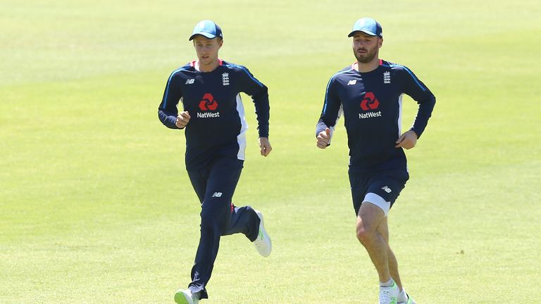 Joe Root and James Vince of England warm up at the WACA on Tuesday