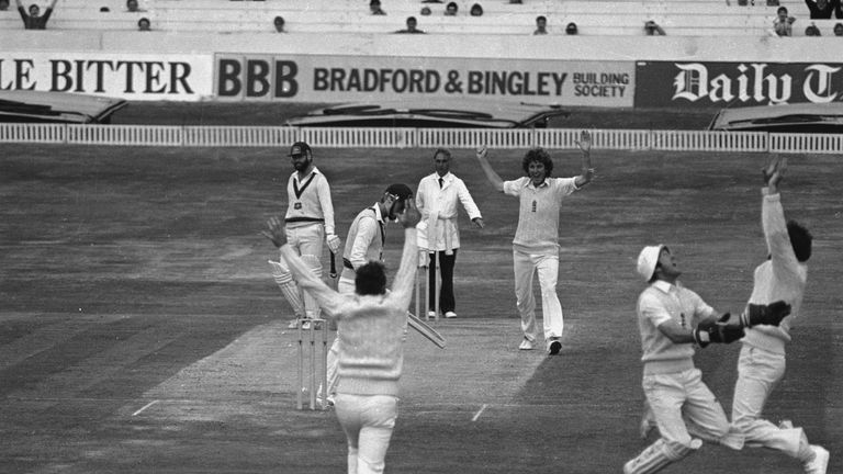24th July 1981:  Geoff Lawson goes out for one run, bowled by Bob Willis and caught behind by Bob Taylor, who is dancing in jubilation with Mike Gatting. A