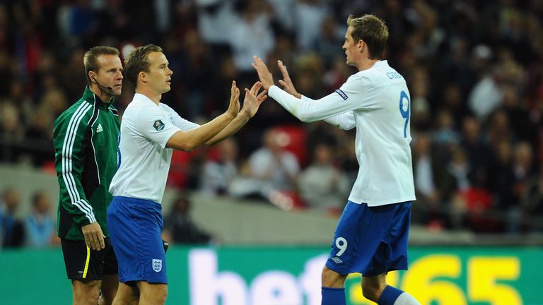 LONDON, ENGLAND - OCTOBER 12:  Kevin Davies comes on for Peter Crouch of England during the UEFA EURO 2012 Group G Qualifying match